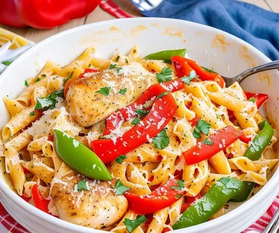 Chicken fillet with pasta and bell pepper